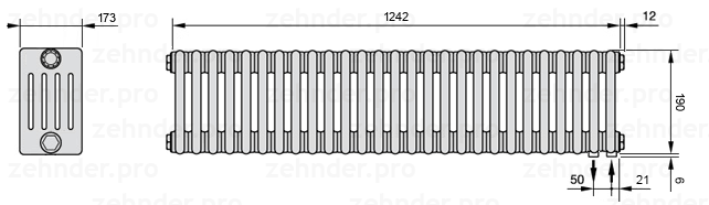 Схема (чертеж) Радиатор Zehnder Charleston 5019/27 №5510 Белый глянцевый RAL 9016